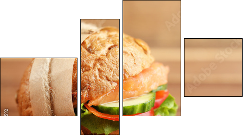 Sandwich with salmon on wooden background  - Obraz czteroczęściowy, Fortyk