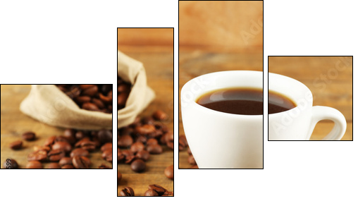 Cup of coffee with beans on rustic wooden background  - Obraz czteroczęściowy, Fortyk