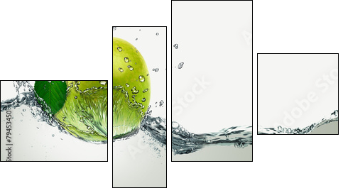 Green Apple amid splashing water.  - Obraz czteroczęściowy, Fortyk
