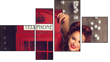 Red hair pin-up woman portrait near telephone booth - Obraz czteroczęściowy, Fortyk