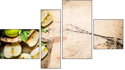 Fresh green apples in the basket with knife . - Obraz czteroczęściowy, Fortyk