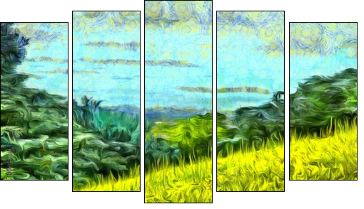 grass filled hillside against a background of trees and a blue sky - Obraz pięcioczęściowy, Pentaptyk
