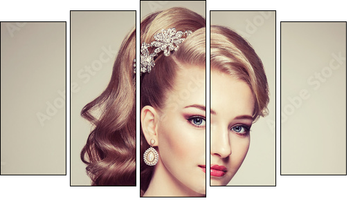 Fashion portrait of young beautiful woman with jewelry and elegant hairstyle. Blonde girl with long wavy hair. Perfect make-up.  Beauty style woman with diamond accessories - Obraz pięcioczęściowy, Pentaptyk