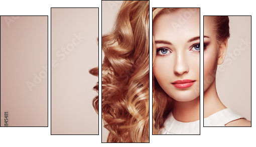Fashion portrait of young beautiful woman with jewelry and elegant hairstyle. Blonde girl with long wavy hair. Perfect make-up.  Beauty style woman with diamond accessories - Obraz pięcioczęściowy, Pentaptyk