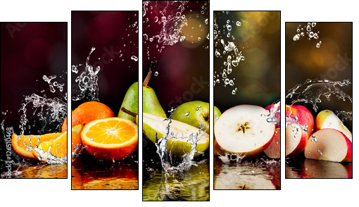 Pears, apples, orange  fruits and Splashing water - Obraz pięcioczęściowy, Pentaptyk