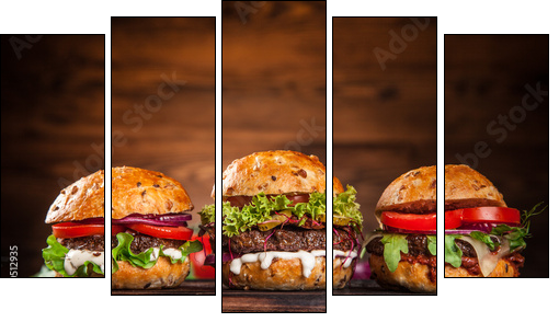 Close-up of home made burgers - Obraz pięcioczęściowy, Pentaptyk