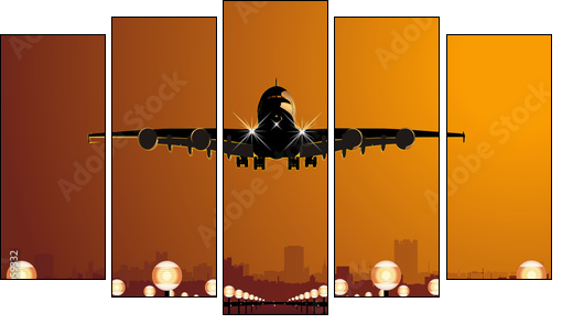 Vector airliner landing at sunset  - Obraz pięcioczęściowy, Pentaptyk