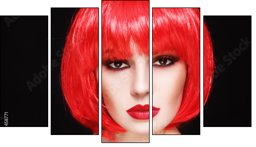 Portrait of young beautiful sexy girl with stylish make-up and fancy bob style red wig - Obraz pięcioczęściowy, Pentaptyk