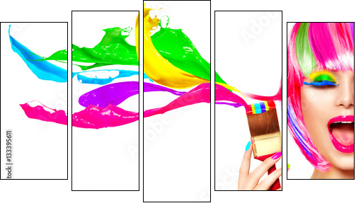Dyed hair humor concept. Beauty model woman painting her hair in colourful bright colors - Obraz pięcioczęściowy, Pentaptyk
