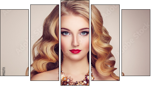Fashion portrait of young beautiful woman with jewelry and elegant hairstyle. Blonde girl with long wavy hair. Perfect make-up.  Beauty style model - Obraz pięcioczęściowy, Pentaptyk