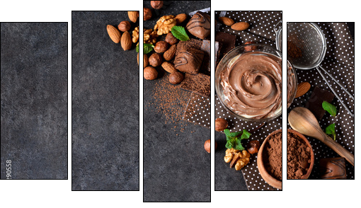 Black food background with cocoa, nuts and chocolate paste.  - Obraz pięcioczęściowy, Pentaptyk