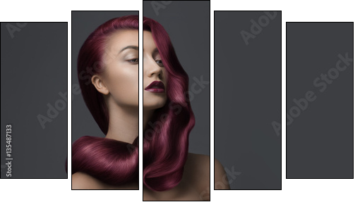 woman with beautiful dark pink hair - Obraz pięcioczęściowy, Pentaptyk