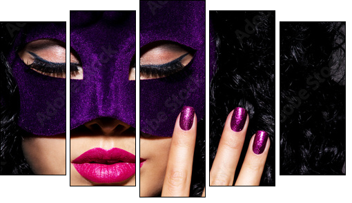Beautiful  woman with  violet theatre mask on face and purple na - Obraz pięcioczęściowy, Pentaptyk