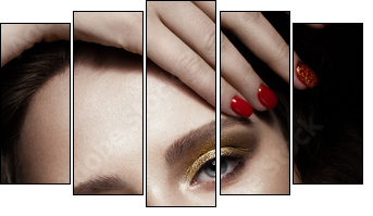 Beautiful girl with evening make-up, red lips in rhinestones and design manicure nails. beauty face. Photos shot in studio - Obraz pięcioczęściowy, Pentaptyk