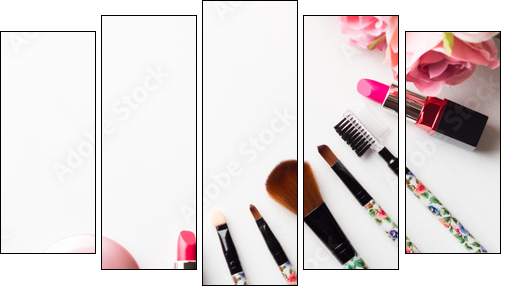 Make up products lipstick, blush and tools brushes with pink roses flowers on white background. Lifestyle woman still life - Obraz pięcioczęściowy, Pentaptyk
