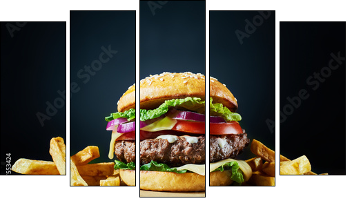Craft beef burger and french fries on wooden table isolated on dark background. - Obraz pięcioczęściowy, Pentaptyk
