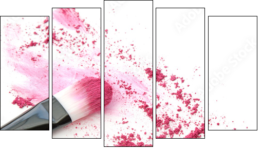 Close up of crushed blush on white background and cosmetic brush - Obraz pięcioczęściowy, Pentaptyk