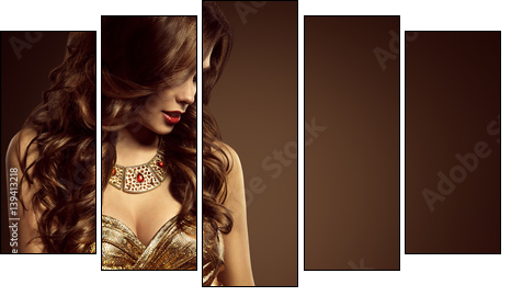 Woman Hairstyle, Beautiful Fashion Model Long Brown Hair Style, Sexy Girl in Elegant Golden Dress - Obraz pięcioczęściowy, Pentaptyk