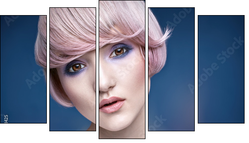 Closeup portrait of a girl with a pink haircut - Obraz pięcioczęściowy, Pentaptyk