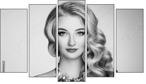 Black and white photo of beautiful woman with elegant hairstyle. Blonde girl with long wavy hair. Jewelry and make-up. Beauty style model - Obraz pięcioczęściowy, Pentaptyk