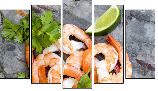 Shrimps on Slate Top View with Lime and Cilantro - Obraz pięcioczęściowy, Pentaptyk