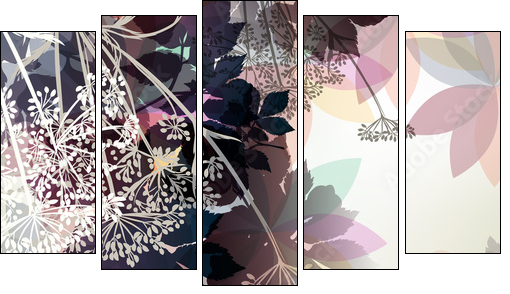 Floral background in pastel colors and spring plants - Obraz pięcioczęściowy, Pentaptyk