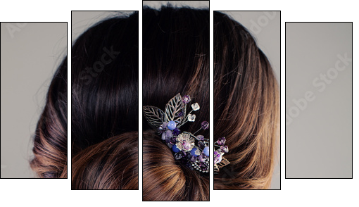 Bridal or Prom Hairstyle. Beautiful Woman with Brown Hair and Hairdeco, Back View - Obraz pięcioczęściowy, Pentaptyk