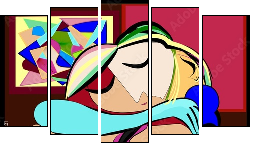 sfondo astratto colorato , ispirato a picasso , donna riposa - Obraz pięcioczęściowy, Pentaptyk
