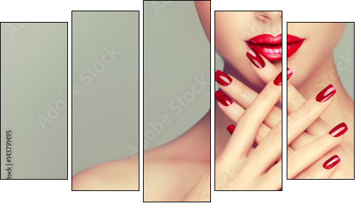 Beautiful girl showing red  manicure nails . makeup and cosmetics - Obraz pięcioczęściowy, Pentaptyk