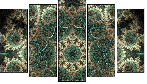 Green and gold fractal spirals, digital artwork for creative gra - Obraz pięcioczęściowy, Pentaptyk