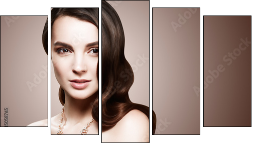 Beautiful model girl with long wavy and shiny hair . Woman with curly hairstyle. Face with clean fresh skin close up. - Obraz pięcioczęściowy, Pentaptyk