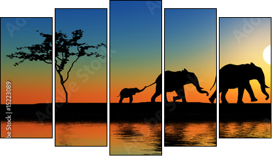 Rodzina słoni w promieniach słońca
 - Obraz pięcioczęściowy, Pentaptyk