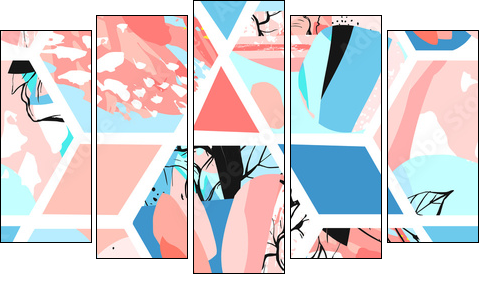 Creative geometric background with floral elements and different textures. Collage. Design for poster, card, invitation, placard, brochure, flyer. Vector - Obraz pięcioczęściowy, Pentaptyk
