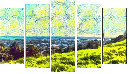 grass filled hillside against a background of trees and a blue sky with clouds - Obraz pięcioczęściowy, Pentaptyk