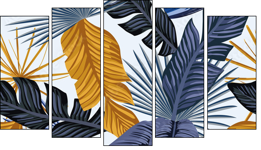 Blue gold palm leaves seamless white background - Obraz pięcioczęściowy, Pentaptyk