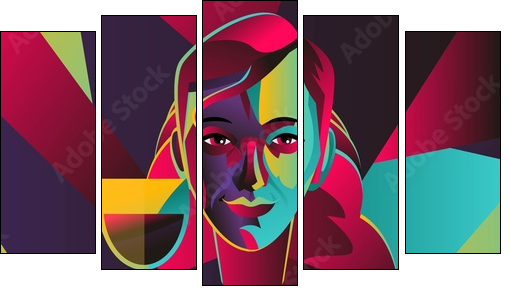 cubist colorful girl drinking wine - Obraz pięcioczęściowy, Pentaptyk