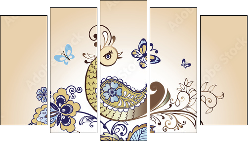 Fantastic bird and floral ornament with paisley. Vintage gold ornament with paisley - Obraz pięcioczęściowy, Pentaptyk