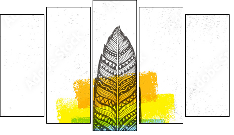 Ethno Tribal Feather Creative Vector Illustration On Rough Background. Stylish Handmade Design Element - Obraz pięcioczęściowy, Pentaptyk
