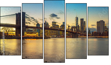 Retro style New York Manhattan with Brooklyn Bridge and Brooklyn Bridge Park in the front. - Obraz pięcioczęściowy, Pentaptyk