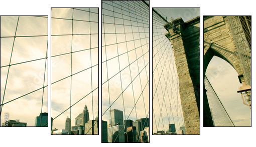 Most Brookliński – sepia z widokiem na Nowy Jork  - Obraz pięcioczęściowy, Pentaptyk