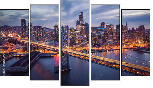 Aerial cityscape view of San Francisco and the Bay Bridge at Night - Obraz pięcioczęściowy, Pentaptyk