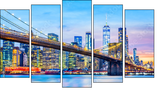 Brooklyn Bridge and the Lower Manhattan skyline at dusk - Obraz pięcioczęściowy, Pentaptyk