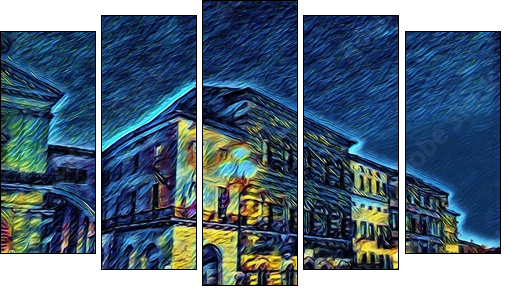 Ponte di mezzo in Pisa, Italy. Old houses at embankment. Italian bridge. Big size oil painting fine art in Vincent Van Gogh style. Modern impressionism drawn. Creative artistic print or poster. - Obraz pięcioczęściowy, Pentaptyk