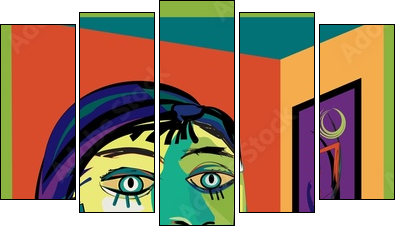 Colorful abstract background, inspired by Picasso, thinking woman - Obraz pięcioczęściowy, Pentaptyk