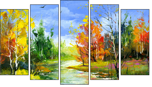 Autumn landscape with the wood river  - Obraz pięcioczęściowy, Pentaptyk