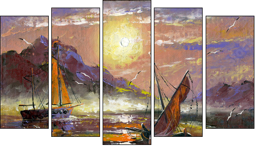 Sea landscape with sailing vessels  - Obraz pięcioczęściowy, Pentaptyk