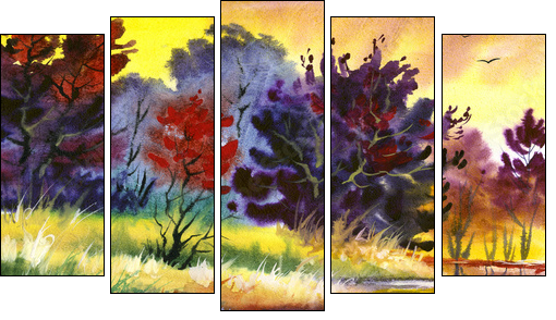 water colour landscape  - Obraz pięcioczęściowy, Pentaptyk