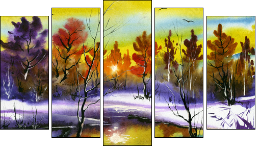 water colour landscape  - Obraz pięcioczęściowy, Pentaptyk