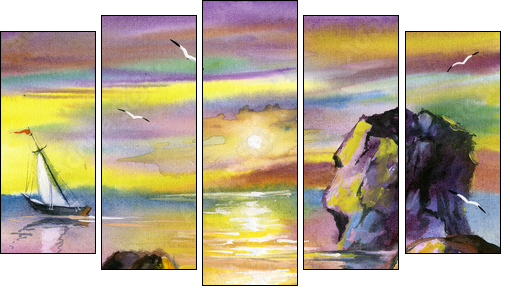 Sea water colour landscape  - Obraz pięcioczęściowy, Pentaptyk