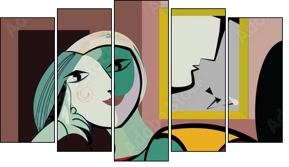 Colorful abstract background, inspired by Picasso, woman in armchair - Obraz pięcioczęściowy, Pentaptyk